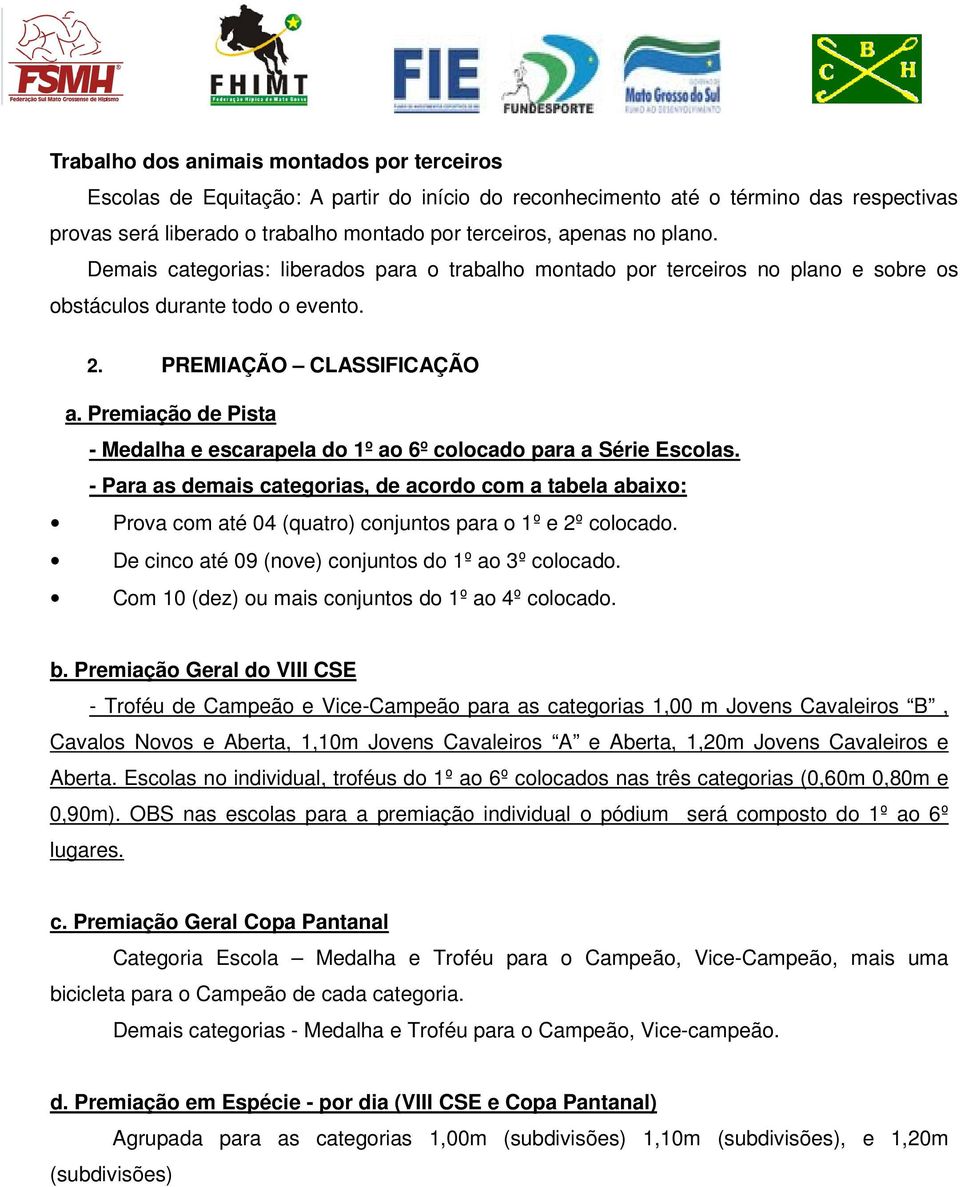 Premiação de Pista - Medalha e escarapela do 1º ao 6º colocado para a Série Escolas.