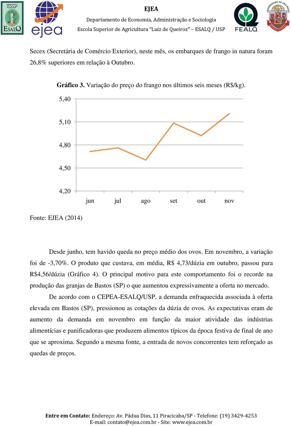 O produto que custava, em média, R$ 4,73/dúzia em outubro, passou para R$4,56/dúzia (Gráfico 4).