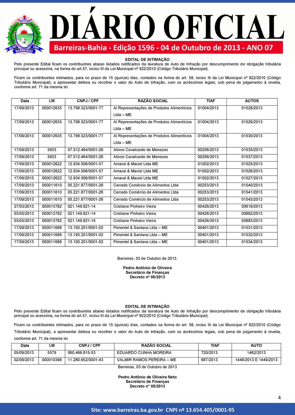 934.506/0001-57 Amaral & Maciel ME 01002/2013 01525/2013 17/09/2013 000012622 12.934.506/0001-57 Amaral & Maciel ME 01002/2013 01526/2013 17/09/2013 000012622 12.934.506/0001-57 Amaral & Maciel ME 01002/2013 01527/2013 17/09/2013 000011610 05.