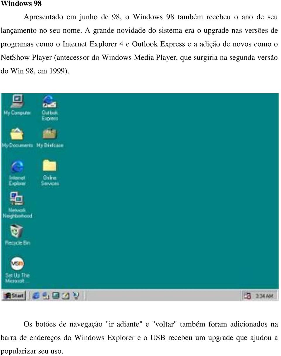 novos como o NetShow Player (antecessor do Windows Media Player, que surgiria na segunda versão do Win 98, em 1999).