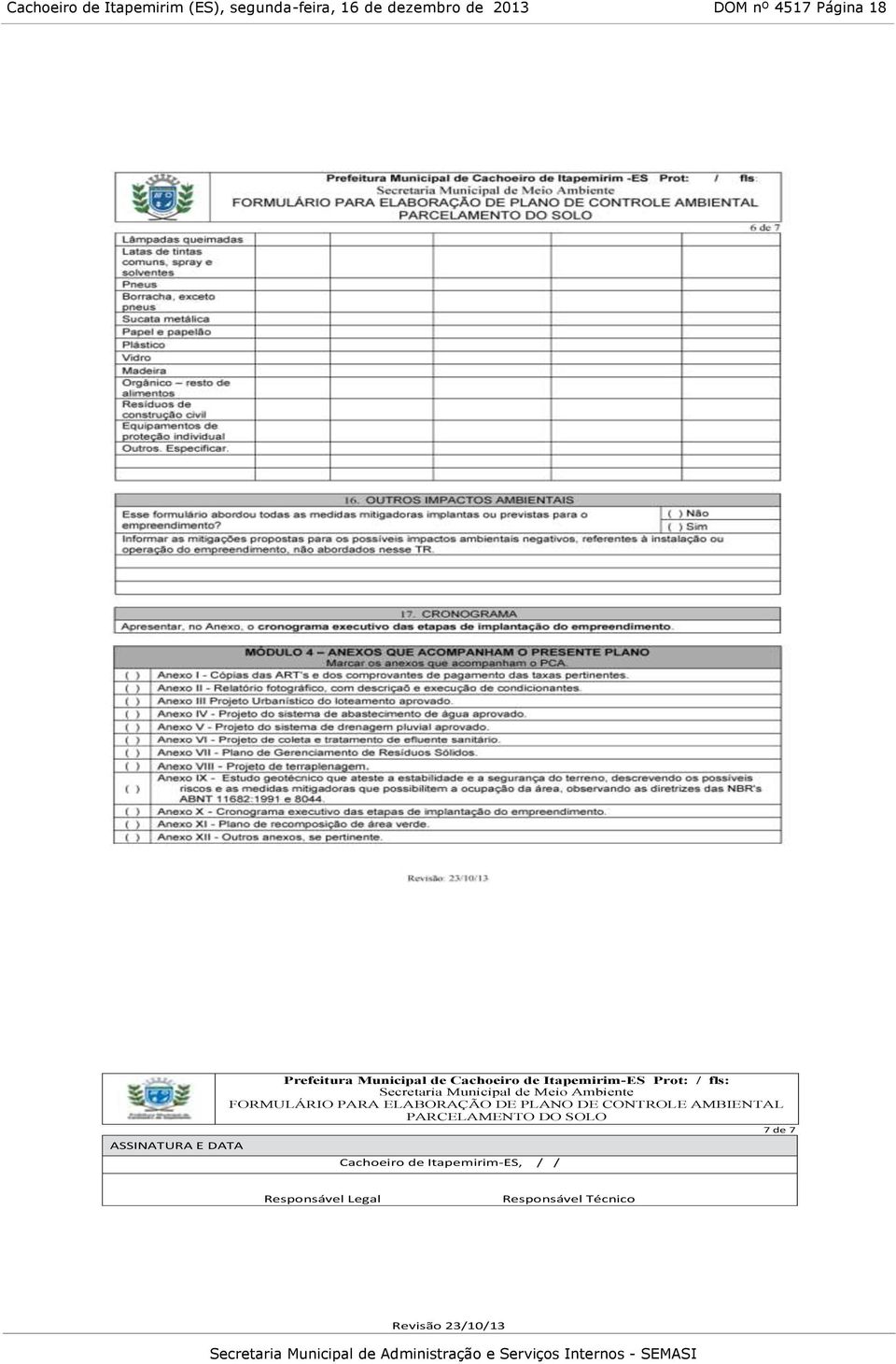 Municipal de Meio Ambiente FORMULÁRIO PARA ELABORAÇÃO DE PLANO DE CONTROLE AMBIENTAL