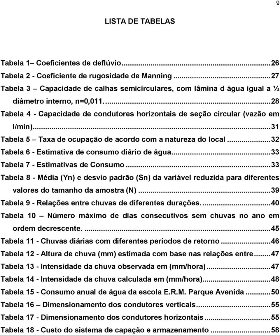 .. 31 Tabela 5 Taxa de ocupação de acordo com a natureza do local... 32 Tabela 6 - Estimativa de consumo diário de água... 33 Tabela 7 - Estimativas de Consumo.