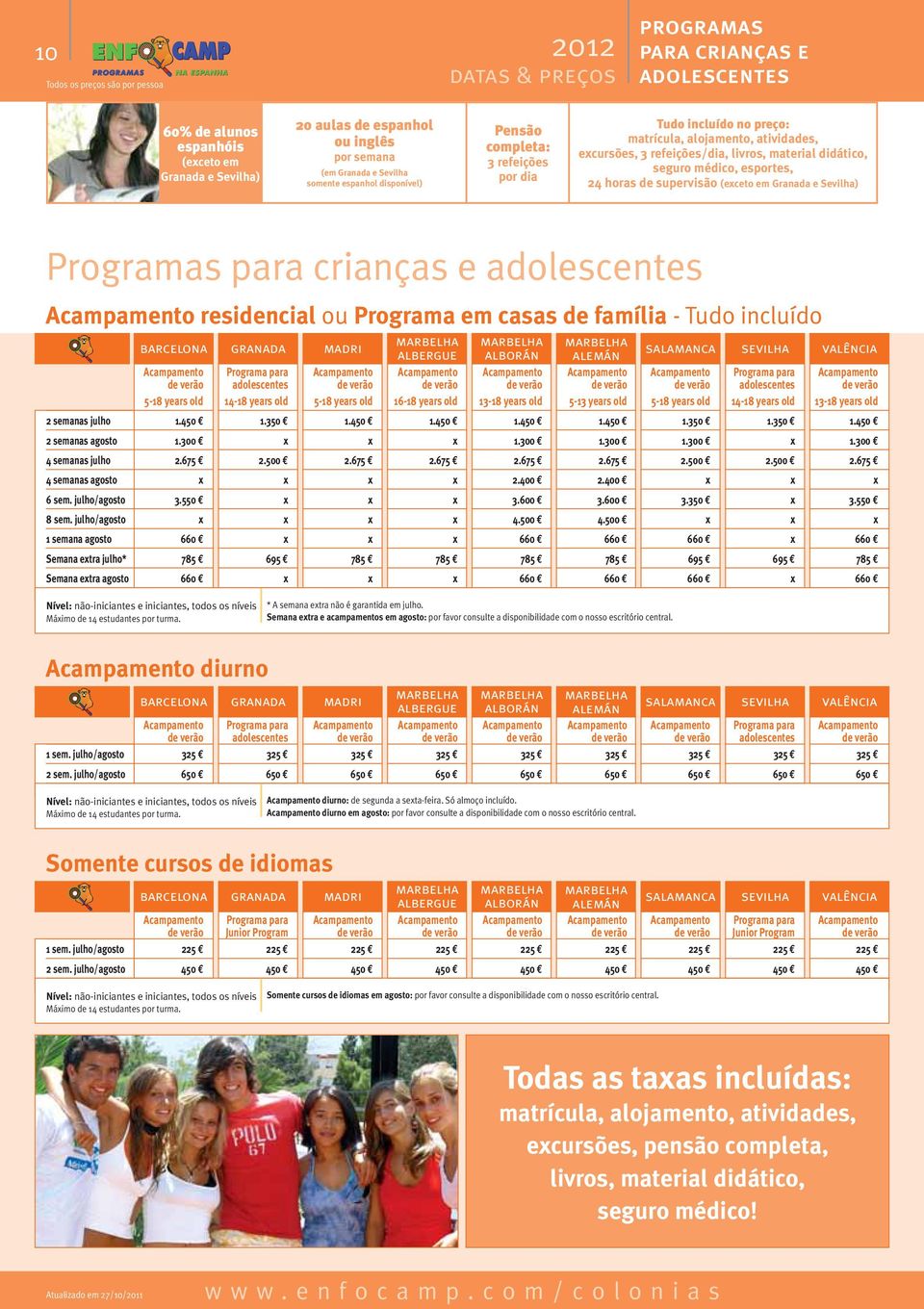 (exceto em Granada e Sevilha) Programas para crianças e adolescentes Acampamento residencial ou Programa em casas de família - Tudo incluído barcelona granada madri marbelha albergue marbelha alborán