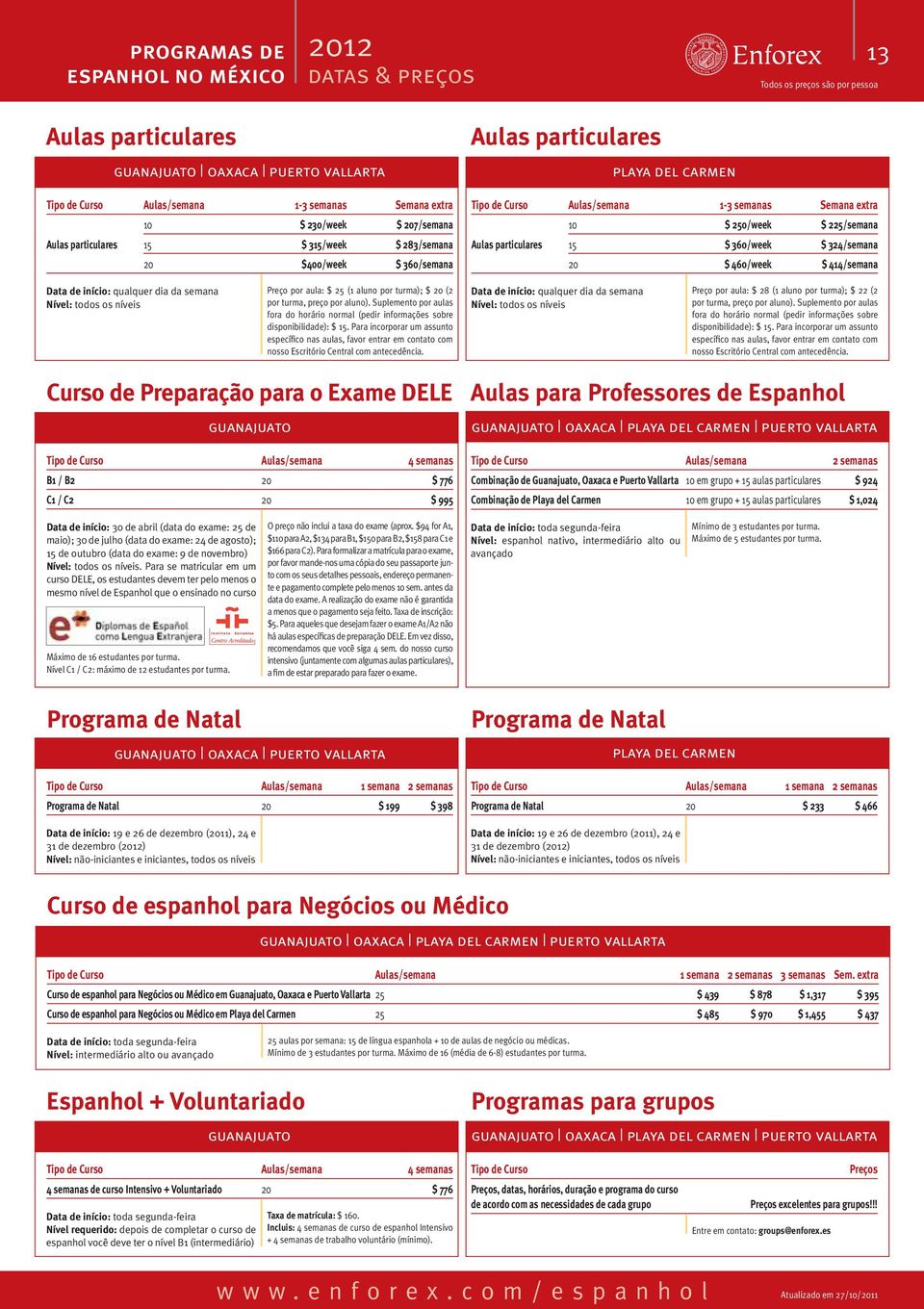 324/semana 20 $ 460/week $ 414/semana Data de início: qualquer dia da semana Preço por aula: $ 25 (1 aluno por turma); $ 20 (2 por turma, preço por aluno).