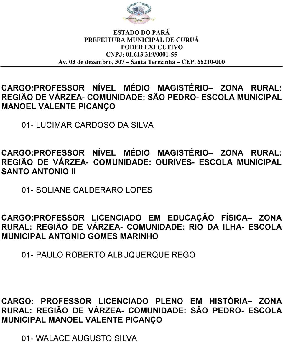 CARGO:PROFESSOR LICENCIADO EM EDUCAÇÃO FÍSICA ZONA RURAL: REGIÃO DE VÁRZEA- COMUNIDADE: RIO DA ILHA- ESCOLA MUNICIPAL ANTONIO GOMES MARINHO 01- PAULO ROBERTO