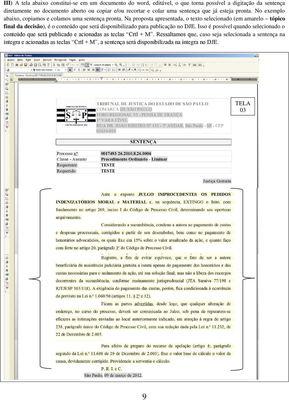 Na proposta apresentada, o texto selecionado (em amarelo tópico final da decisão), é o conteúdo que será disponibilizado para publicação no DJE.