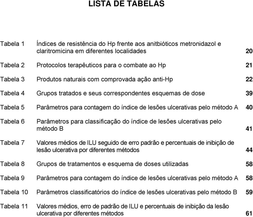 método A 40 Tabela 6 Tabela 7 Parâmetros para classificação do índice de lesões ulcerativas pelo método B 41 Valores médios de ILU seguido de erro padrão e percentuais de inibição de lesão ulcerativa