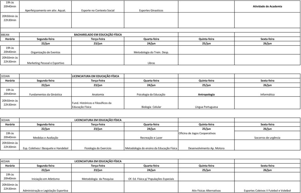 Históricos e Filosóficos da Educação Física Biologia Celular Língua Portuguesa 3EDAN Horário Oficina de Jogos Cooperativos 20h40min Medidas e Avaliação Recreação e Lazer Socorros de urgência Esp.