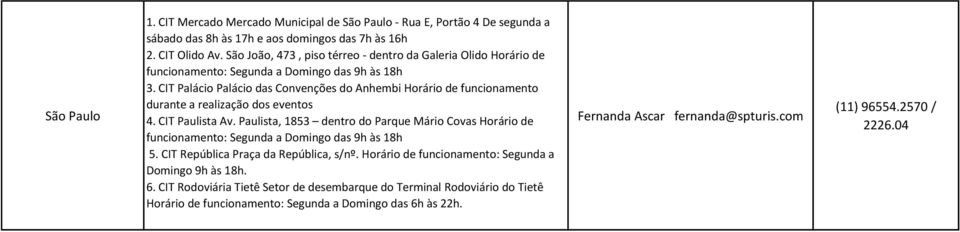 CIT Palácio Palácio das Convenções do Anhembi Horário de funcionamento durante a realização dos eventos 4. CIT Paulista Av.