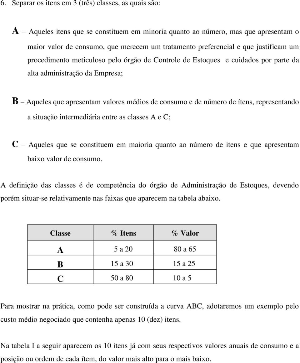 de número de ítens, representando a situação intermediária entre as classes A e C; C Aqueles que se constituem em maioria quanto ao número de itens e que apresentam baixo valor de consumo.