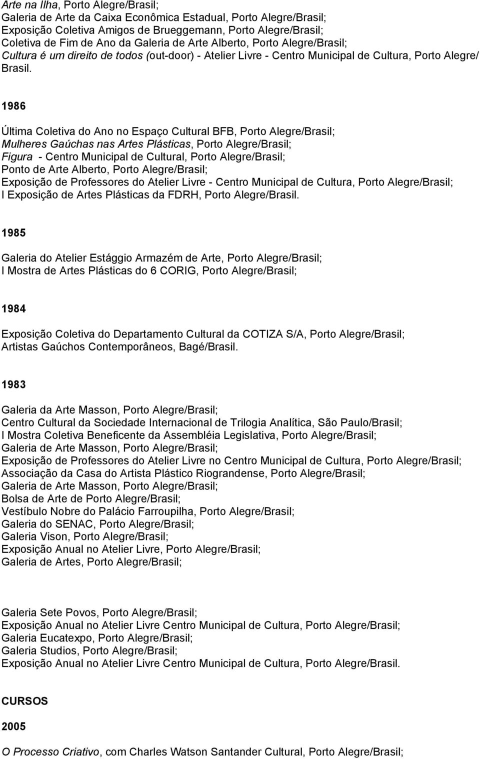 1986 Última Coletiva do Ano no Espaço Cultural BFB, Porto Alegre/Brasil; Mulheres Gaúchas nas Artes Plásticas, Porto Alegre/Brasil; Figura - Centro Municipal de Cultural, Porto Alegre/Brasil; Ponto