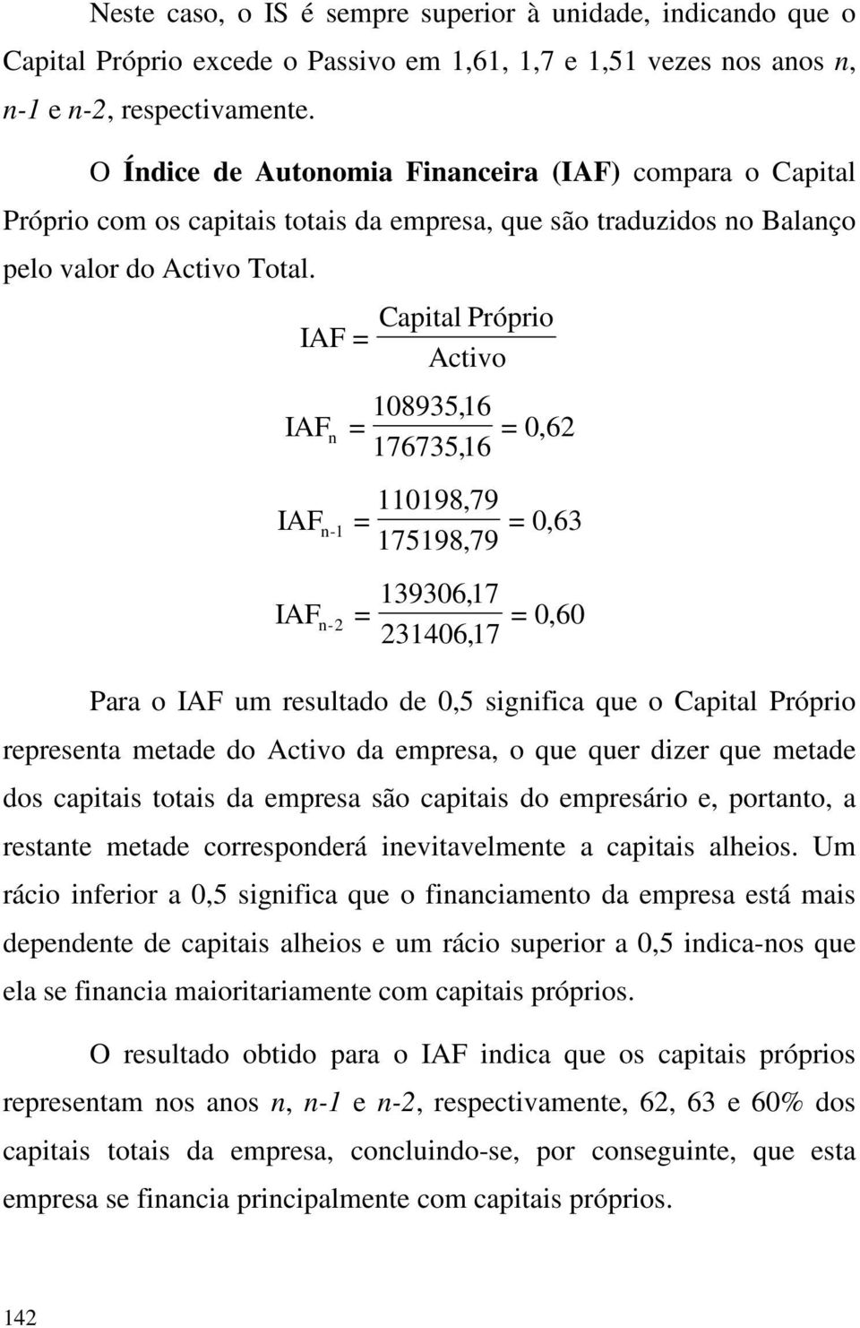 Capital Próprio IAF Activo IAF n IAF n -1 IAF n -2 108935,16 176735,16 110198,79 175198,79 139306,17 231406,17 0,62 0,63 0,60 Para o IAF um resultado de 0,5 significa que o Capital Próprio representa