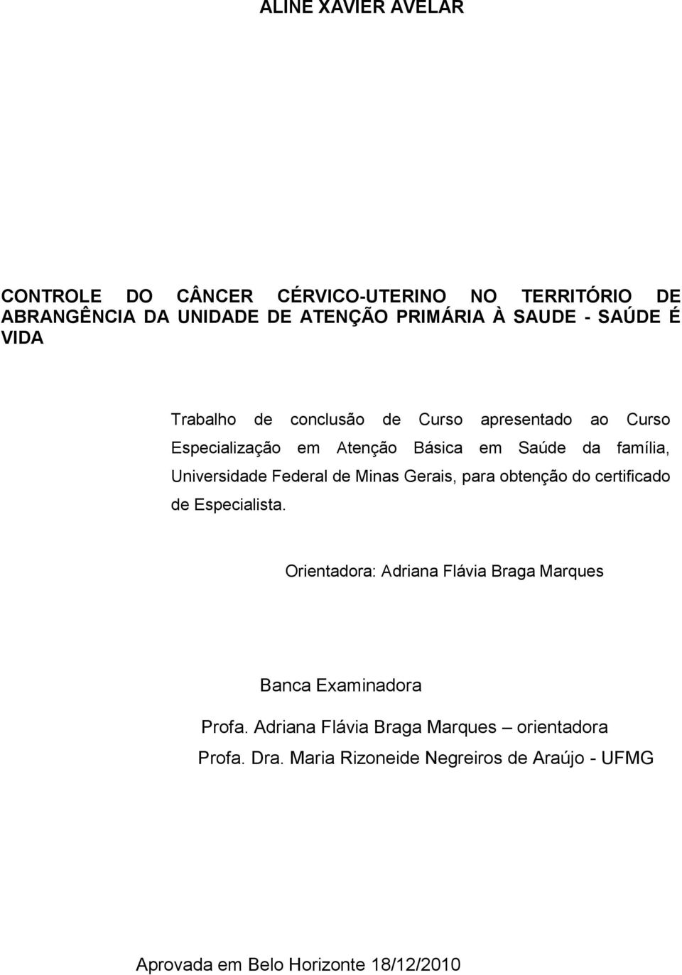 Federal de Minas Gerais, para obtenção do certificado de Especialista.