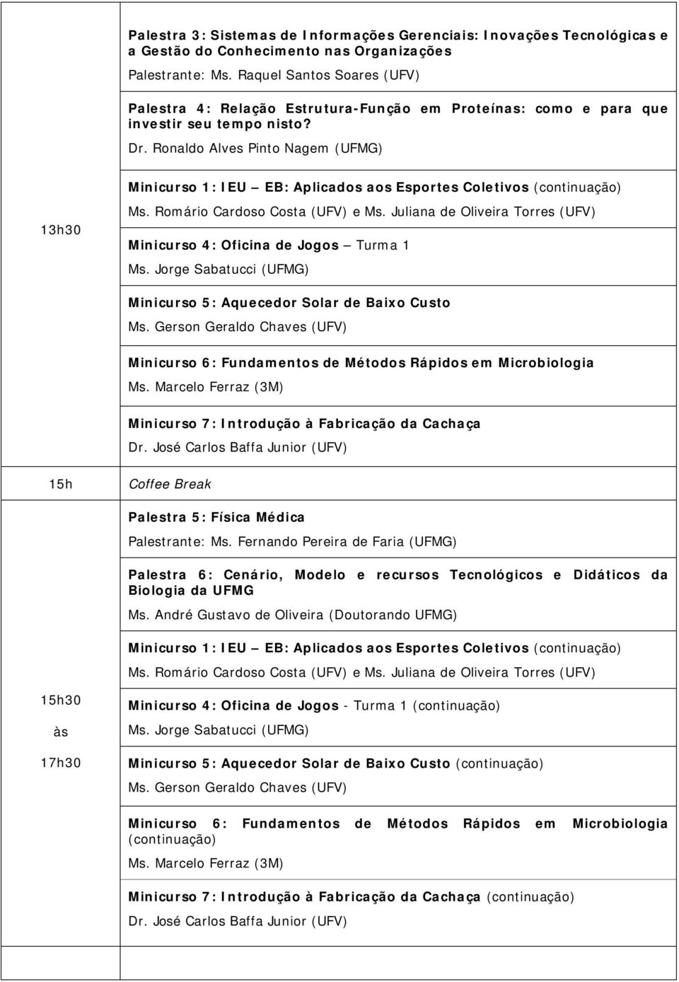 Ronaldo Alves Pinto Nagem (UFMG) Minicurso 1: IEU EB: Aplicados aos Esportes Coletivos (continuação) 13h30 Ms. Romário Cardoso Costa (UFV) e Ms.