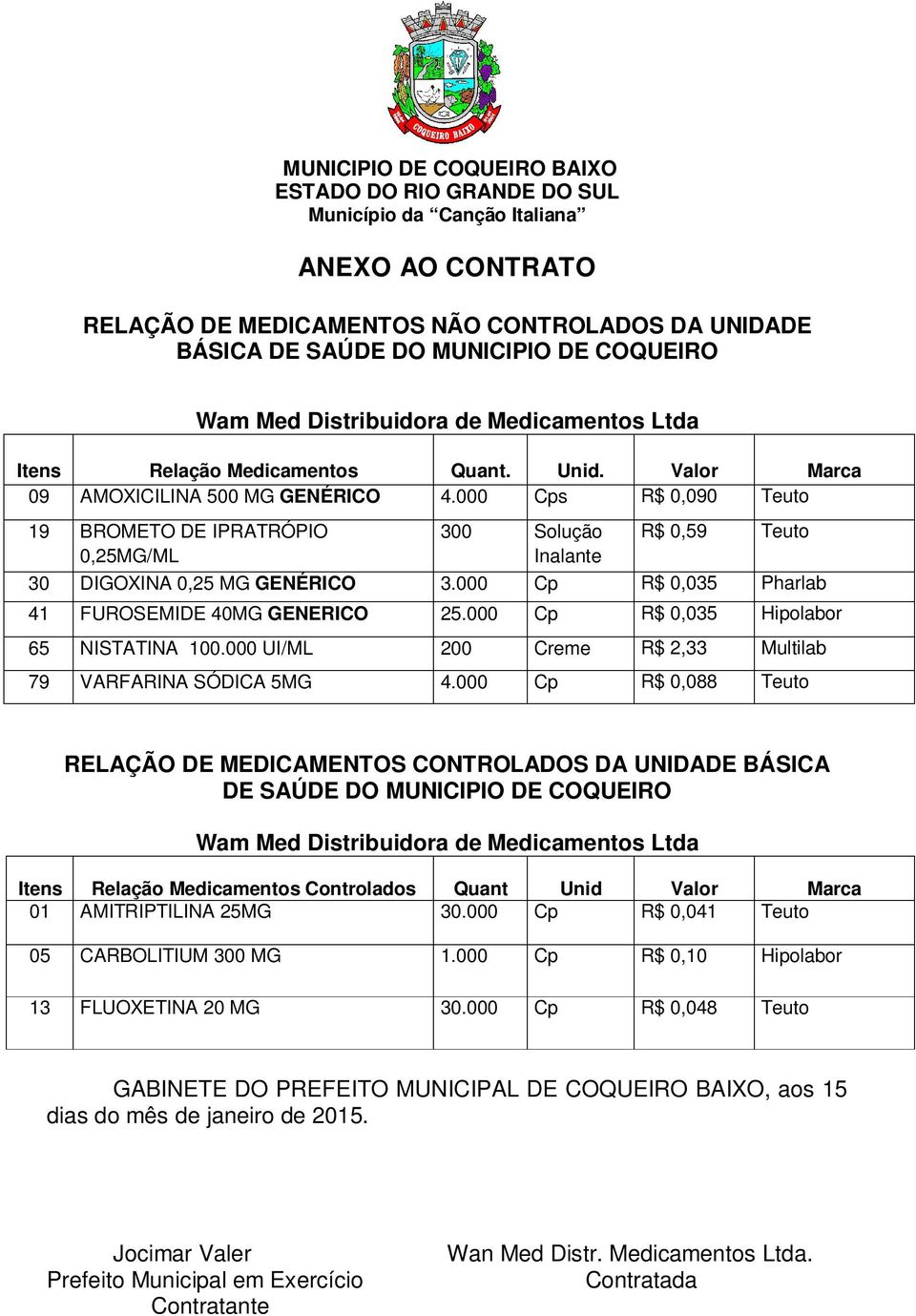 000 Cp R$ 0,035 Pharlab 41 FUROSEMIDE 40MG GENERICO 25.000 Cp R$ 0,035 Hipolabor 65 NISTATINA 100.000 UI/ML 200 Creme R$ 2,33 Multilab 79 VARFARINA SÓDICA 5MG 4.