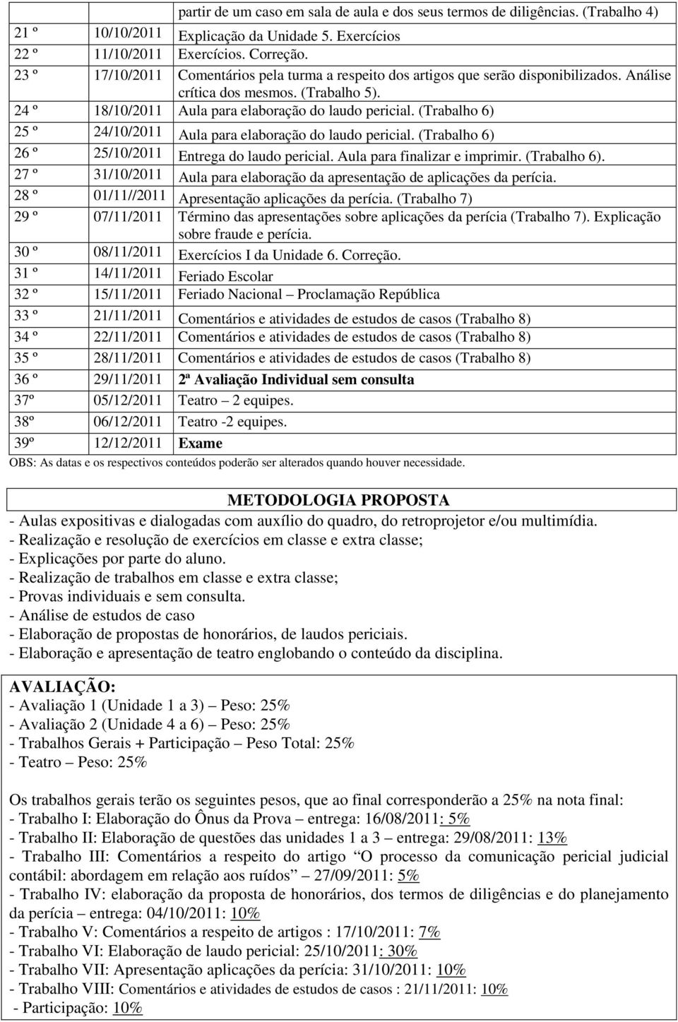 (Trabalho 6) 25 º 24/10/2011 Aula para elaboração do laudo pericial. (Trabalho 6) 26 º 25/10/2011 Entrega do laudo pericial. Aula para finalizar e imprimir. (Trabalho 6). 27 º 31/10/2011 Aula para elaboração da apresentação de aplicações da perícia.