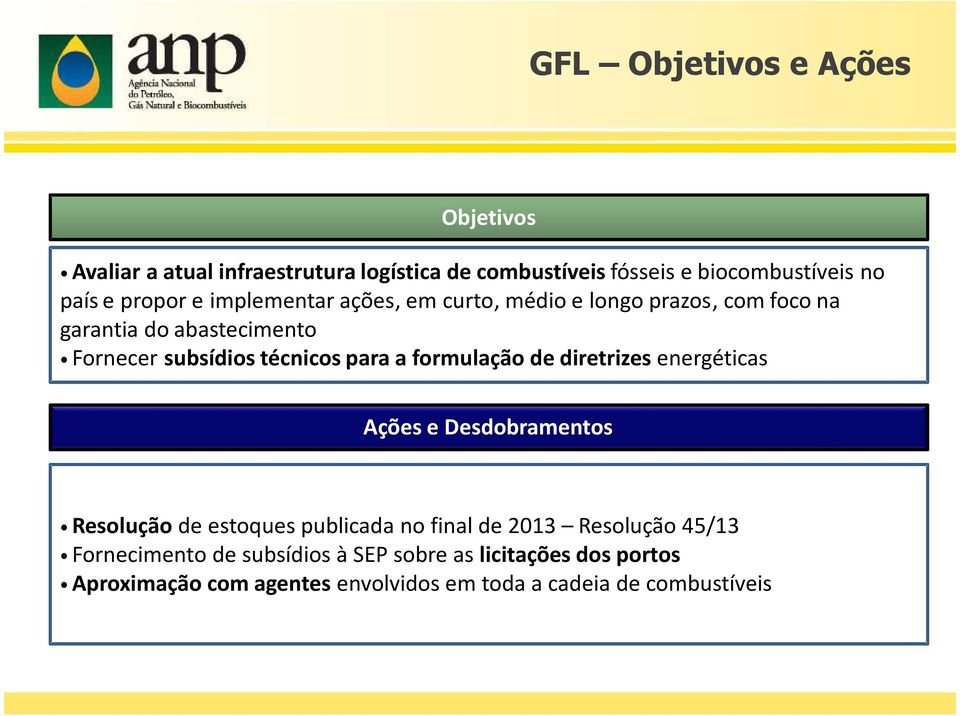 a formulação de diretrizes energéticas Ações e Desdobramentos Resolução de estoques publicada no final de 2013 Resolução