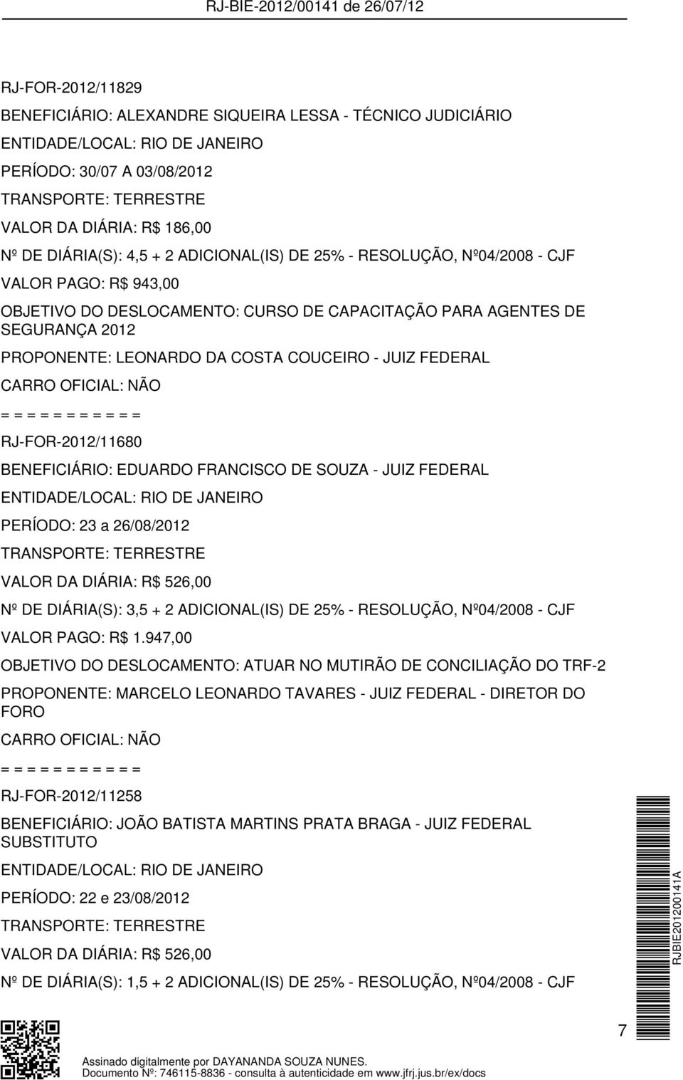 BENEFICIÁRIO: EDUARDO FRANCISCO DE SOUZA - JUIZ FEDERAL PERÍODO: 23 a 26/08/2012 VALOR DA DIÁRIA: R$ 526,00 Nº DE DIÁRIA(S): 3,5 + 2 ADICIONAL(IS) DE 25% - RESOLUÇÃO, Nº04/2008 - CJF VALOR PAGO: R$ 1.