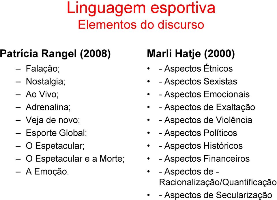 Marli Hatje (2000) - Aspectos Étnicos - Aspectos Sexistas - Aspectos Emocionais - Aspectos de Exaltação -