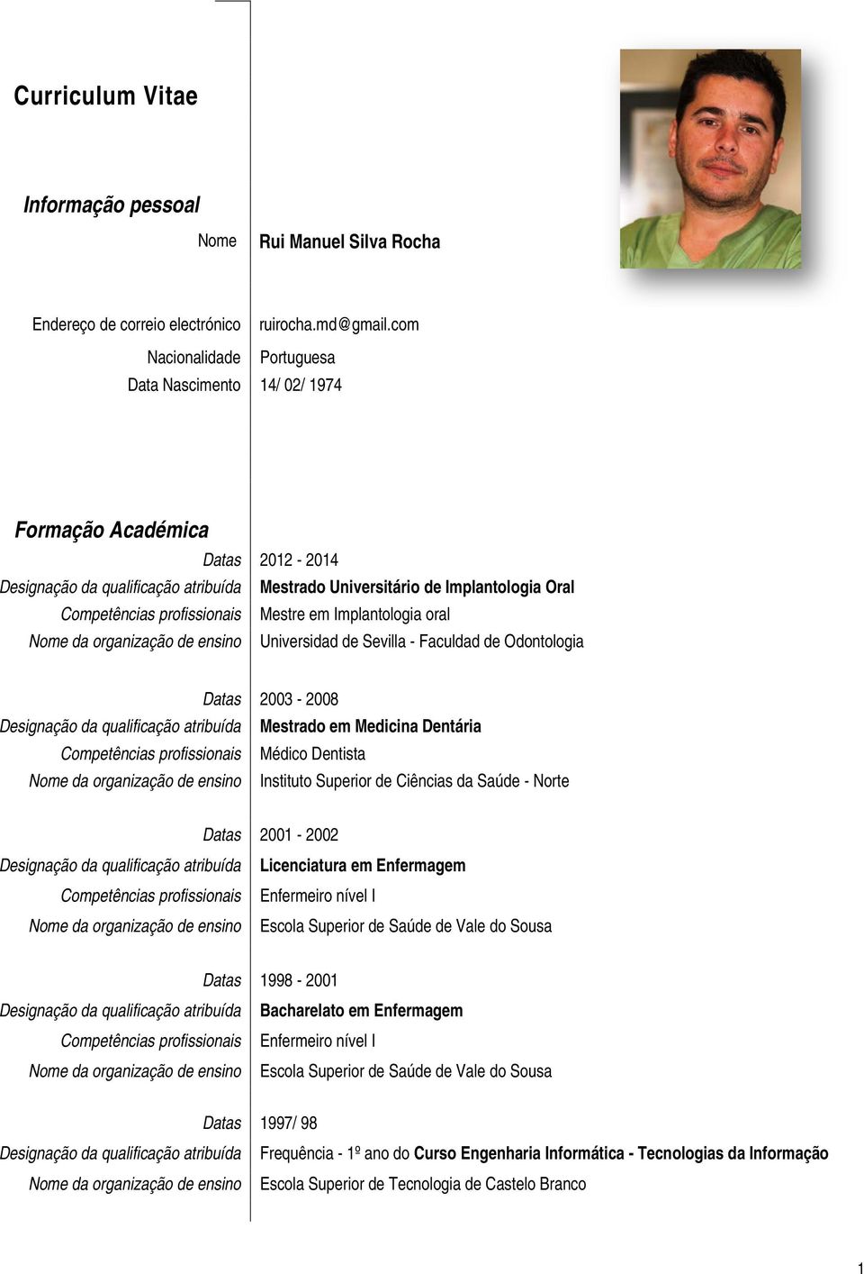 Mestre em Implantologia oral Nome da organização de ensino Universidad de Sevilla - Faculdad de Odontologia 2003-2008 Designação da qualificação atribuída Mestrado em Medicina Dentária Competências