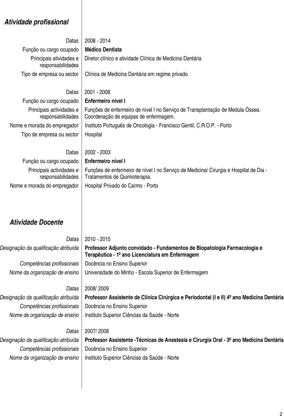 Funções de enfermeiro de nível I no Serviço de Transplantação de Medula Óssea. Coordenação de equipas de enfermagem. Instituto Po