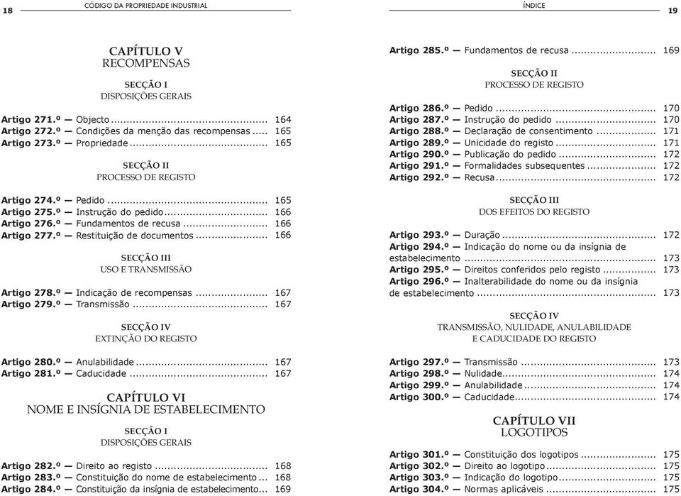 .. 166 SECÇÃO III USO E TRANSMISSÃO Artigo 278.º Indicação de recompensas... 167 Artigo 279.º Transmissão... 167 SECÇÃO IV EXTINÇÃO DO REGISTO Artigo 280.º Anulabilidade... 167 Artigo 281.