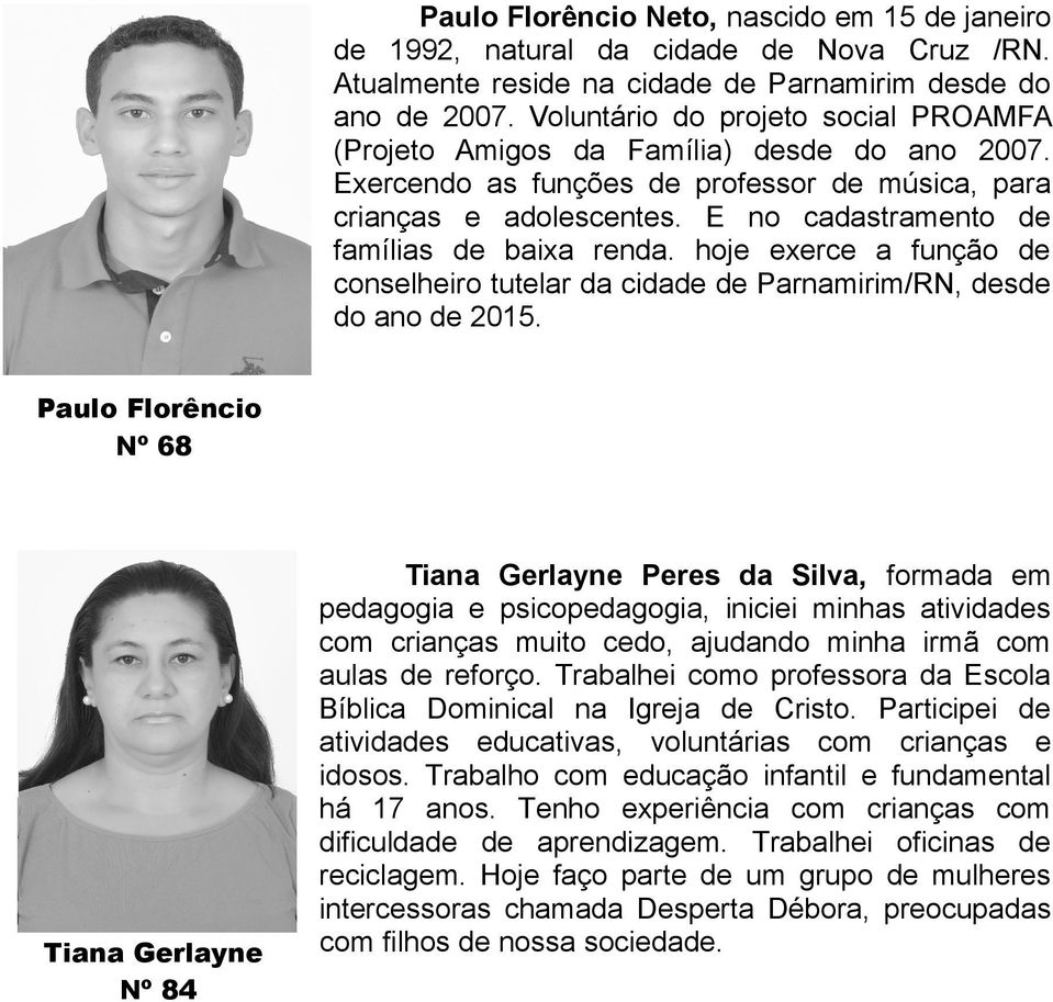 E no cadastramento de famílias de baixa renda. hoje exerce a função de conselheiro tutelar da cidade de Parnamirim/RN, desde do ano de 2015.