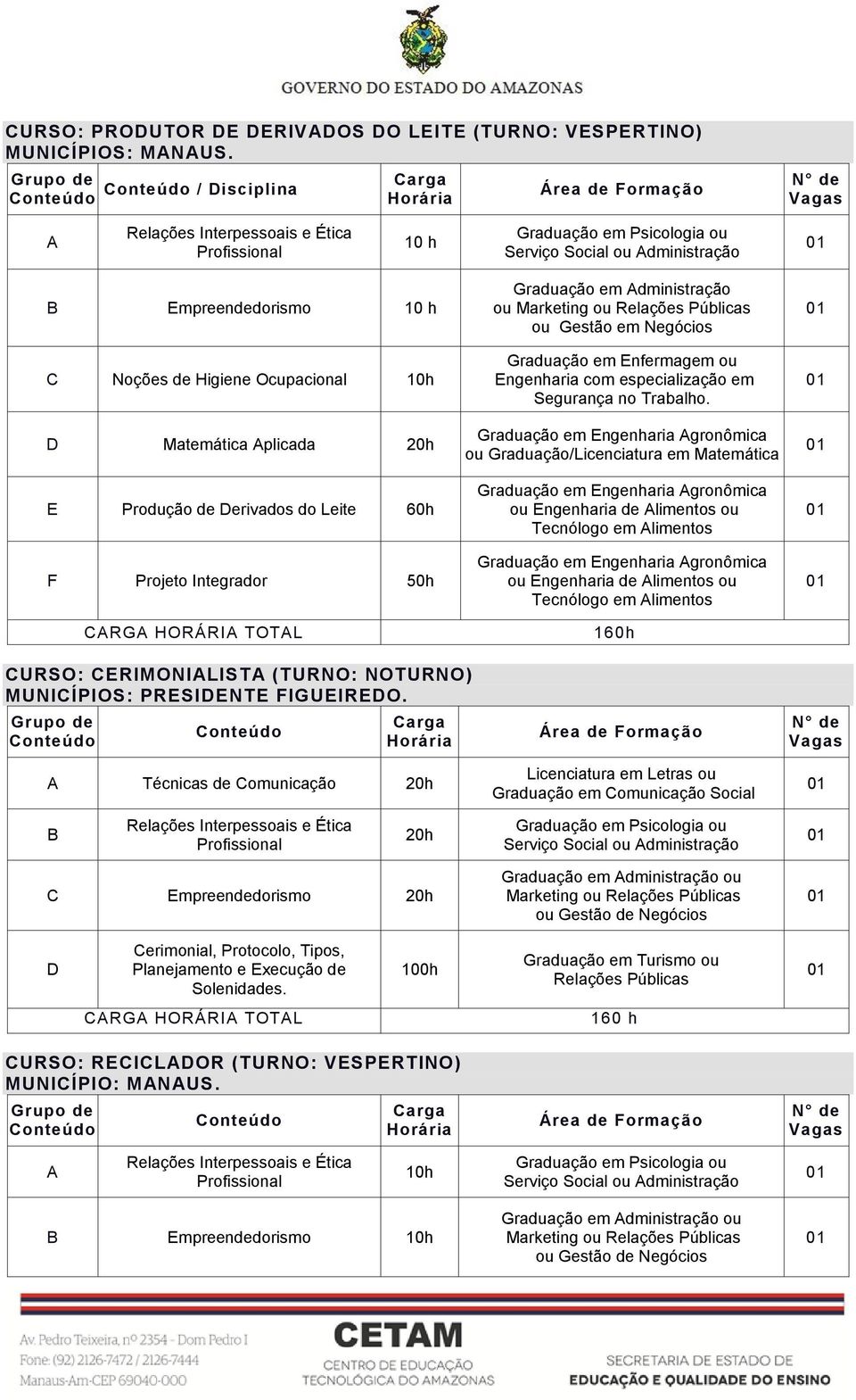 Marketing ou Relações Públicas ou Gestão em Negócios Segurança no Trabalho.