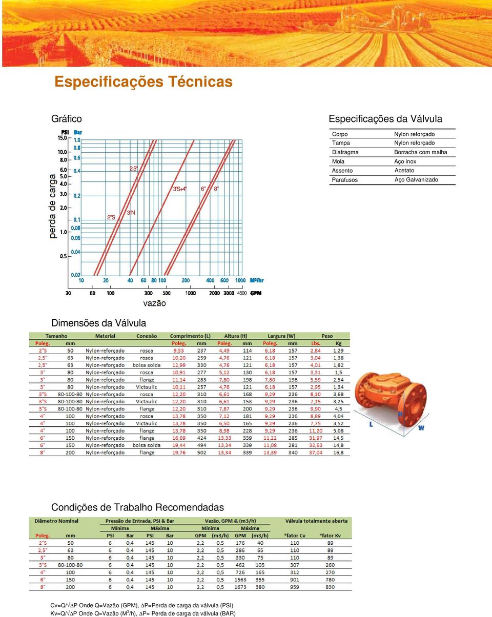 Conexão Comprimento Altura Largura Peso Pol mm Pol mm Pol mm Pol mm lbs kg 2"S 50 nylon reforçado rosca 9.33 237 4.49 114 6.18 157 2.84 1.29 2.5" 63 nylon reforçado rosca 10.20 259 4.76 121 6.