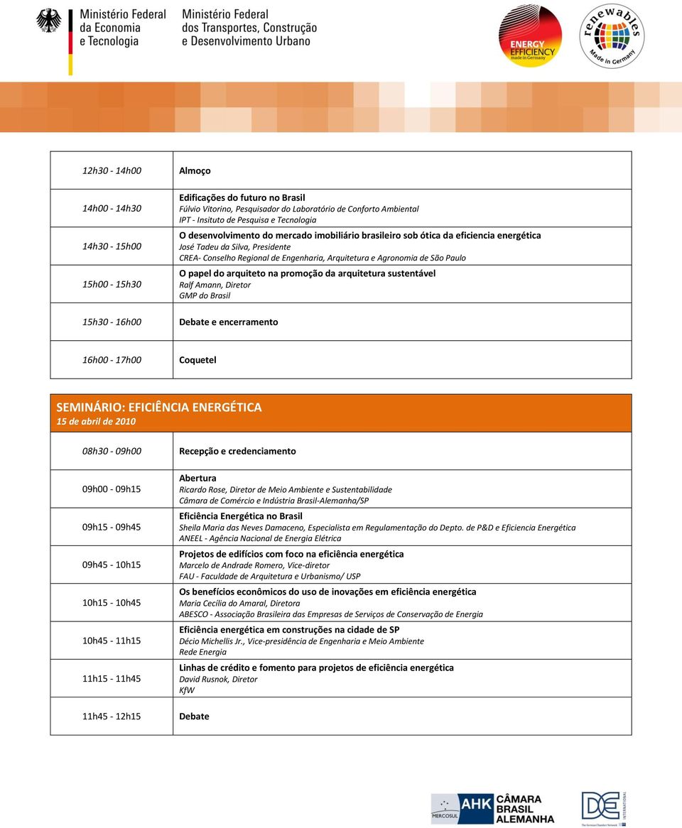 Paulo O papel do arquiteto na promoção da arquitetura sustentável Ralf Amann, Diretor GMP do Brasil 16h00-17h00 Coquetel SEMINÁRIO: EFICIÊNCIA ENERGÉTICA 15 de abril de 2010 09h00-09h15 09h15-09h45