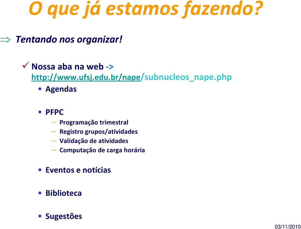 php Agendas PFPC Programação trimestral Registro grupos/atividades