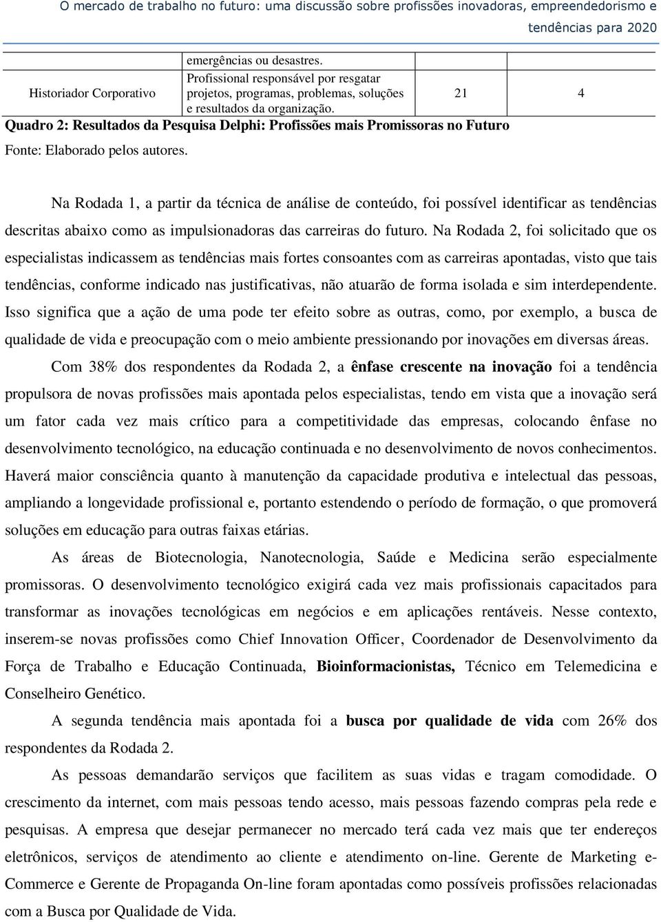 Quadro 2: Resultados da Pesquisa Delphi: Profissões mais Promissoras no Futuro Fonte: Elaborado pelos autores.