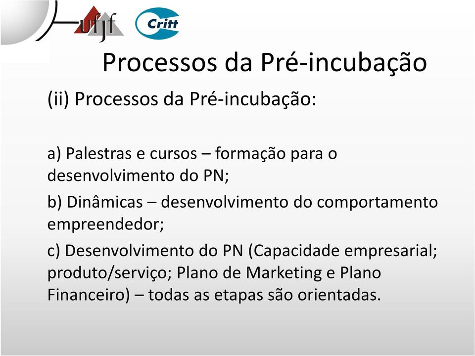 comportamento empreendedor; c) Desenvolvimento do PN (Capacidade empresarial;