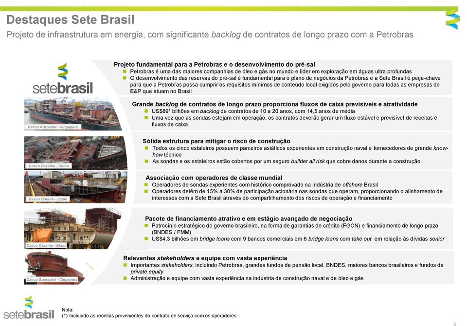 Petrobras e a Sete Brasil é peça-chave para que a Petrobras possa cumprir os requisitos mínimos de conteúdo local exigidos pelo governo para todas as empresas de E&P que atuam no Brasil Casco