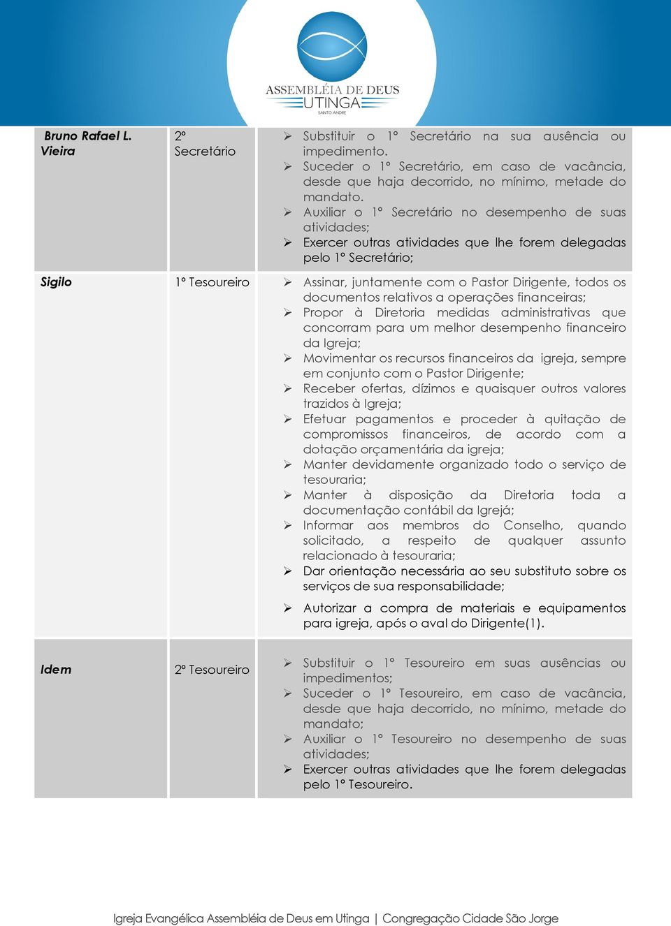 relativos a operações financeiras; Propor à Diretoria medidas administrativas que concorram para um melhor desempenho financeiro da Igreja; Movimentar os recursos financeiros da igreja, sempre em