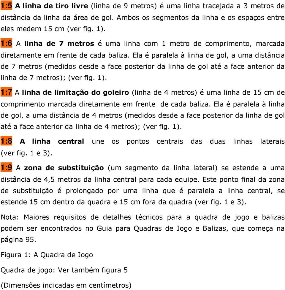 Ela é paralela à linha de gol, a uma distância de 7 metros (medidos desde a face posterior da linha de gol até a face anterior da linha de 7 metros); (ver fig. 1).