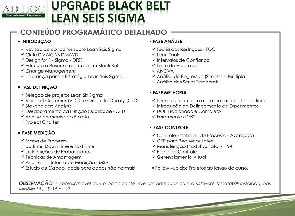 Qualidade - QFD Análise Financeira do Projeto Project Charter FASE MEDIÇÃO UPGRADE BLACK BELT Mapa de Processo Up time, Down Time e Takt Time Distribuições de Probabilidade Técnicas de Amostragem