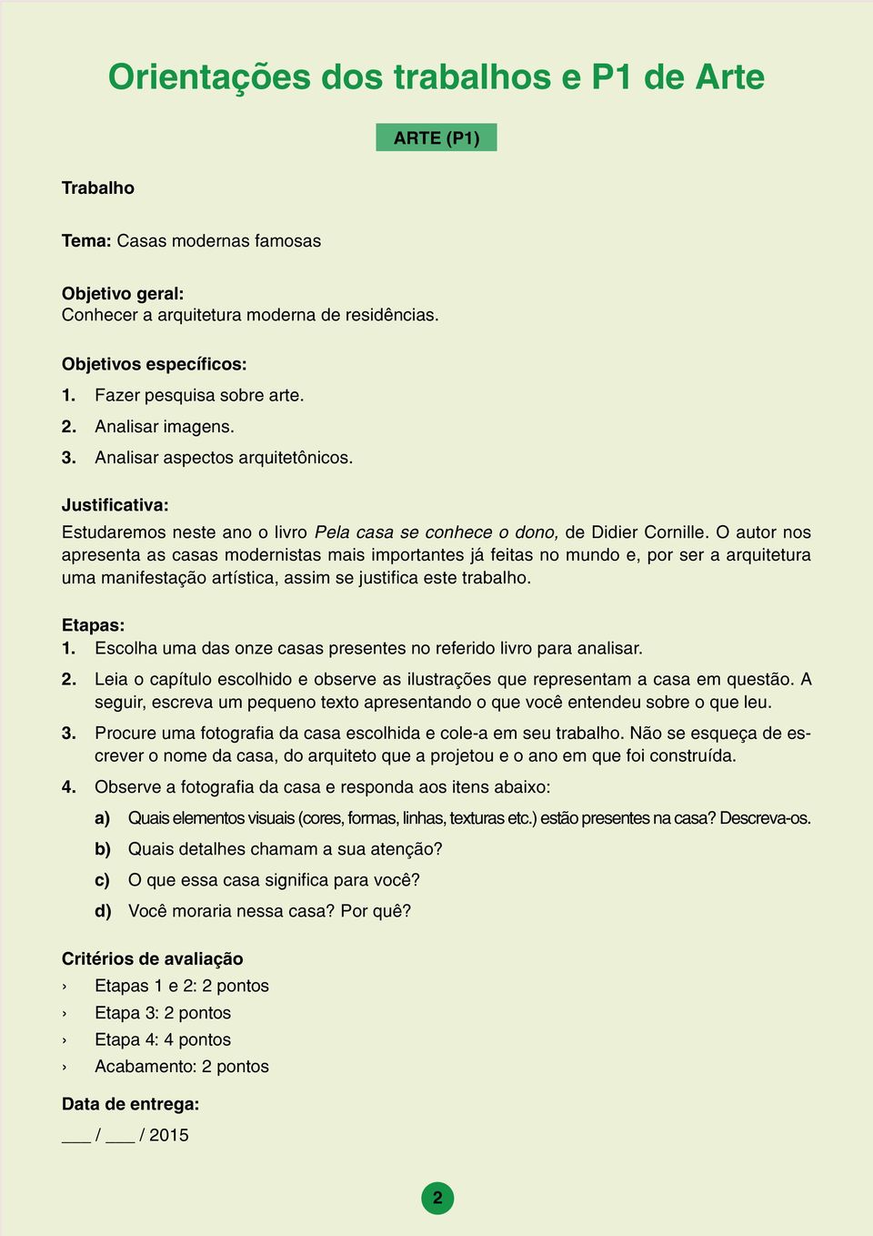 O autor nos apresenta as casas modernistas mais importantes já feitas no mundo e, por ser a arquitetura uma manifestação artística, assim se justifica este trabalho. Etapas: 1.