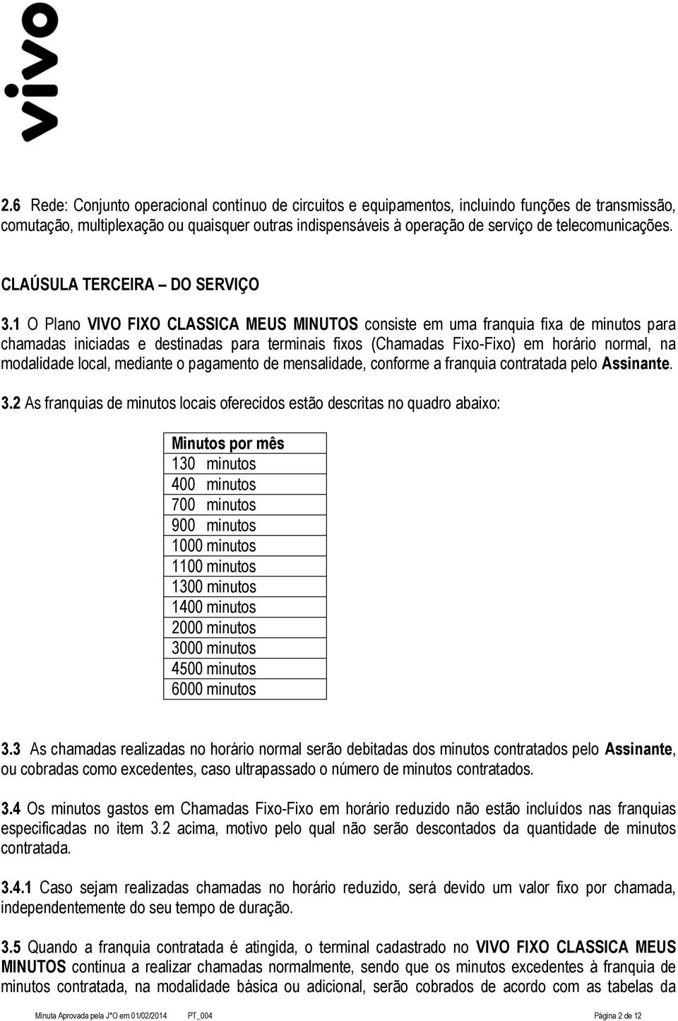 1 O Plano VIVO FIXO CLASSICA MEUS MINUTOS consiste em uma franquia fixa de minutos para chamadas iniciadas e destinadas para terminais fixos (Chamadas Fixo-Fixo) em horário normal, na modalidade