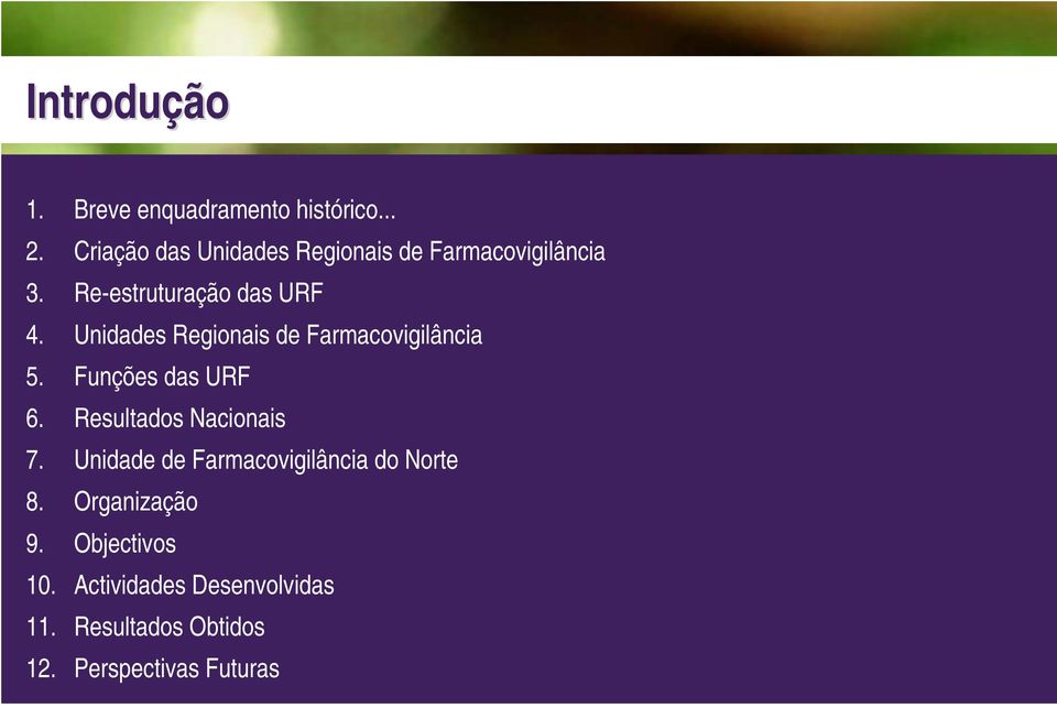 Unidades Regionais de Farmacovigilância 5. Funções das URF 6. Resultados Nacionais 7.