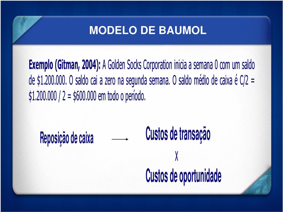 O saldo cai a zero na segunda semana. O saldo médio de caixa é C/2 = $1.