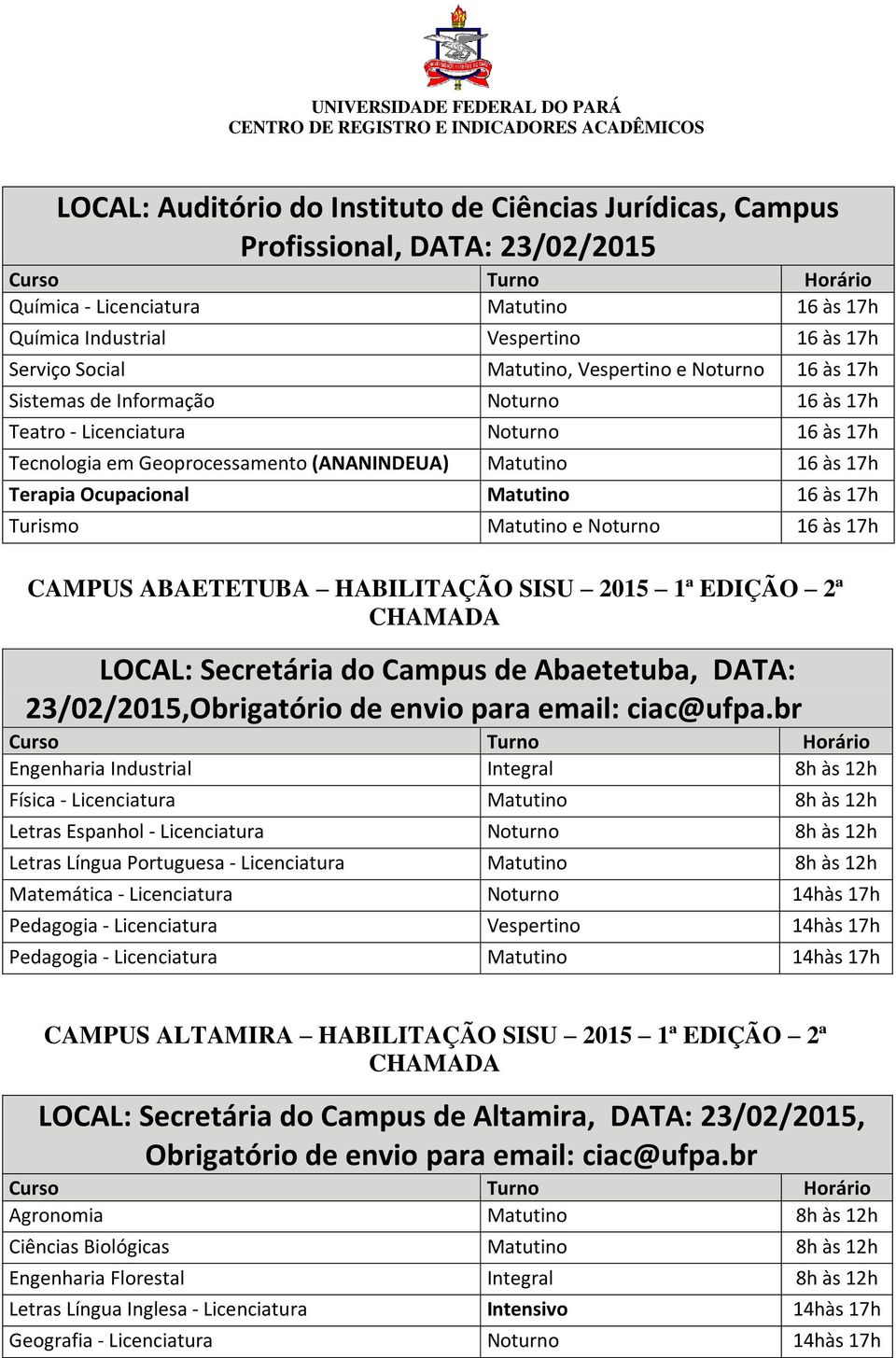 Matutino 16 às 17h Turismo Matutino e Noturno 16 às 17h CAMPUS ABAETETUBA HABILITAÇÃO SISU 2015 1ª EDIÇÃO 2ª LOCAL: Secretária do Campus de Abaetetuba, DATA: 23/02/2015, Engenharia Industrial