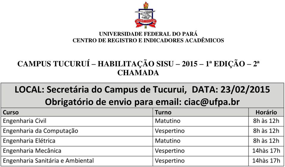 Computação Vespertino 8h às 12h Engenharia Elétrica Matutino 8h às 12h