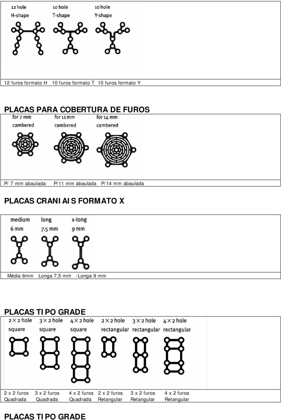 7,5 mm -Longa 9 mm PLACAS TIPO GRADE 2 x 2 furos 3 x 2 furos 4 x 2 furos 2 x 2 furos 3 x 2