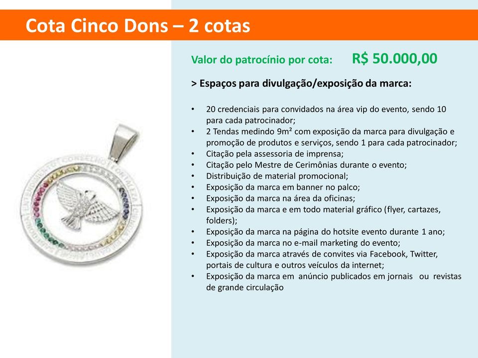 e promoção de produtos e serviços, sendo 1 para cada patrocinador; Citação pela assessoria de imprensa; Citação pelo Mestre de Cerimônias durante o evento; Distribuição de material promocional;