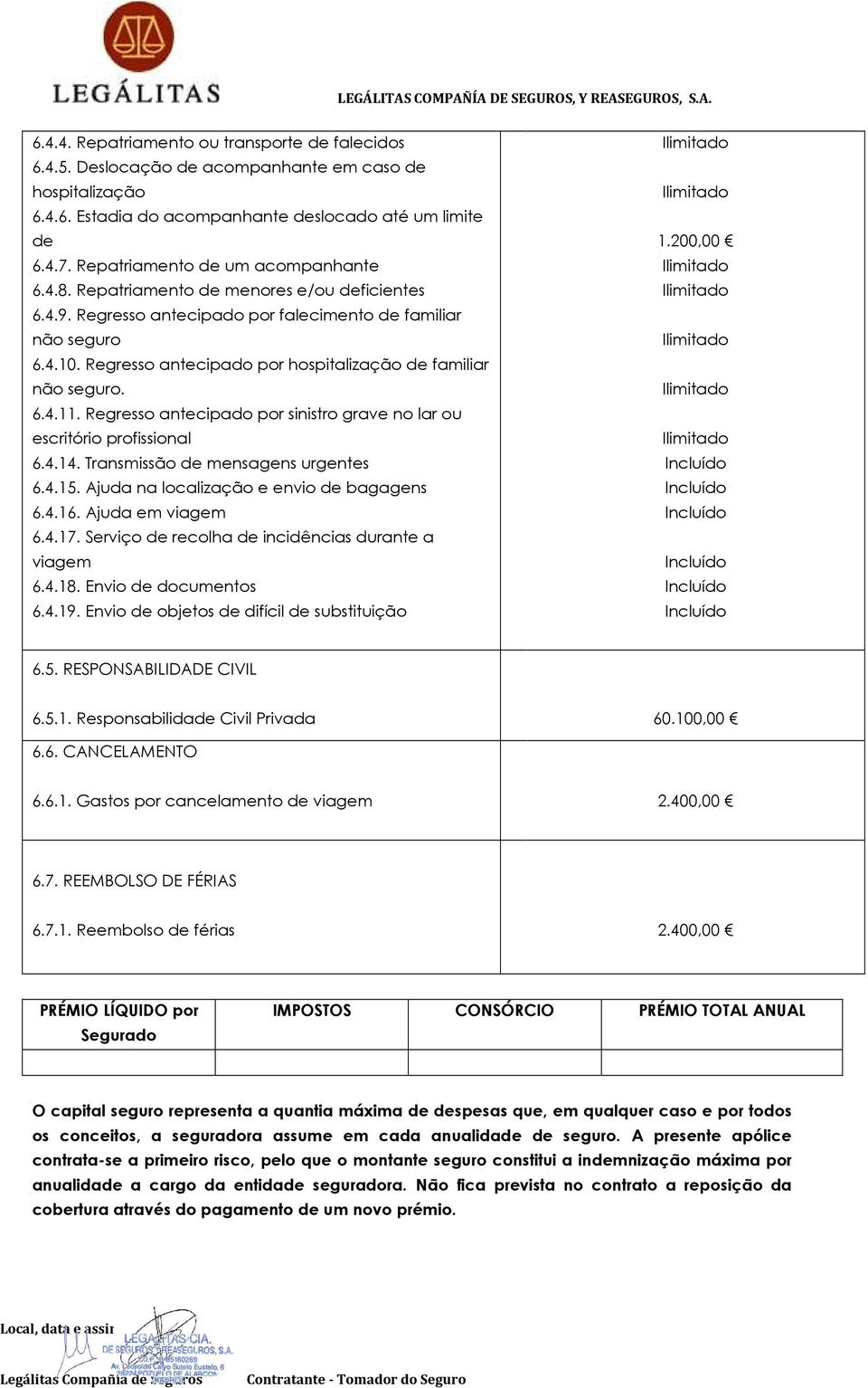 Regresso antecipado por hospitalização de familiar não seguro. 6.4.11. Regresso antecipado por sinistro grave no lar ou escritório profissional 6.4.14. Transmissão de mensagens urgentes 6.4.15.