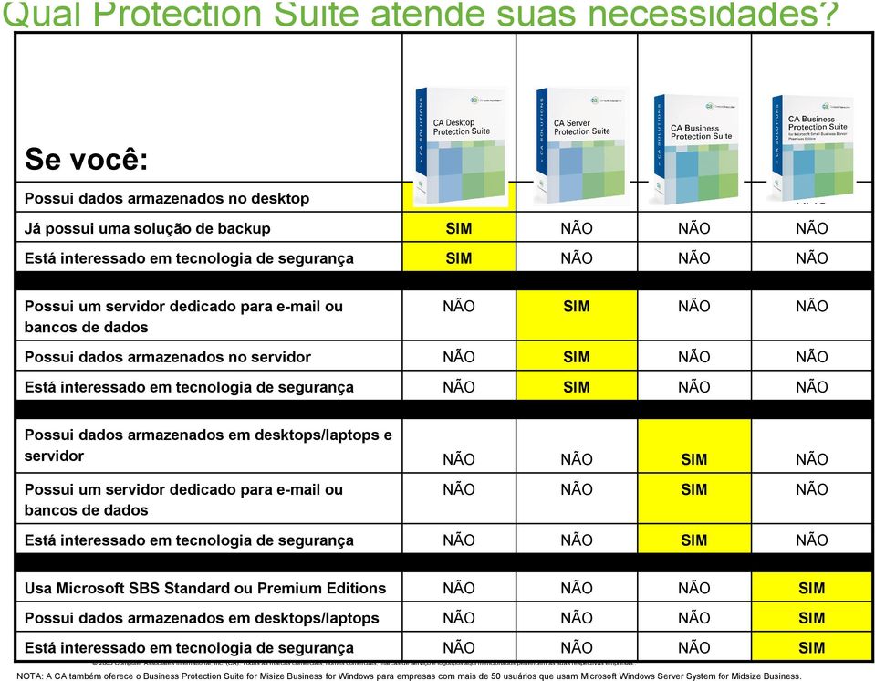 armazenados no servidor Está interessado em tecnologia de segurança Possui dados armazenados em desktops/laptops e servidor Possui um servidor dedicado para e-mail ou bancos de dados Está