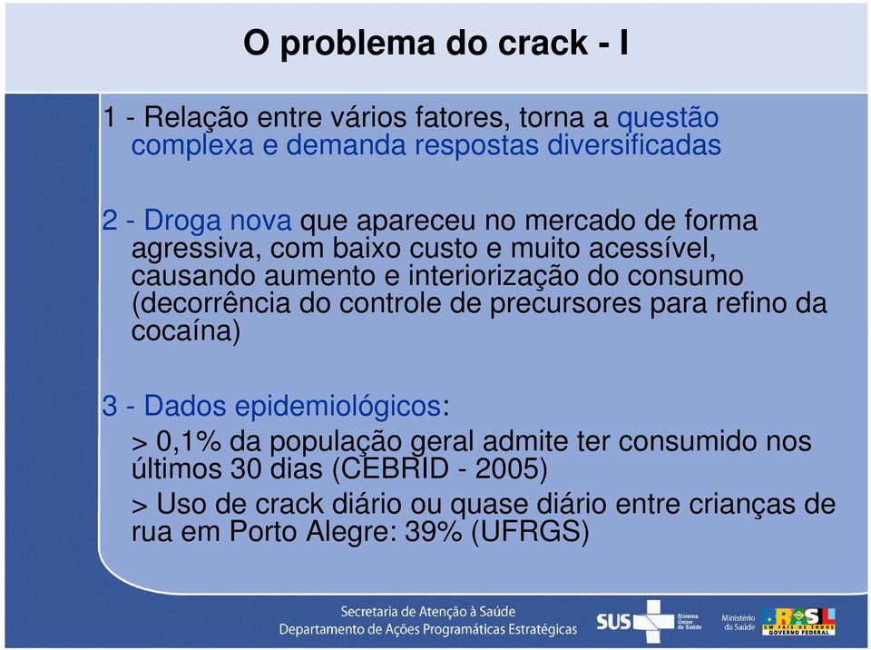 (decorrência do controle de precursores para refino da cocaína) 3 - Dados epidemiológicos: > 0,1% da população geral admite ter