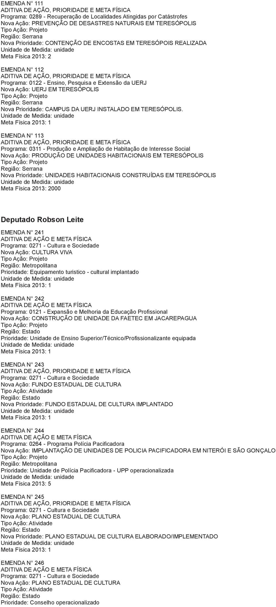 EMENDA N 113 Programa: 0311 - Produção e Ampliação de Habitação de Interesse Social Nova Ação: PRODUÇÃO DE UNIDADES HABITACIONAIS EM TERESÓPOLIS Nova Prioridade: UNIDADES HABITACIONAIS CONSTRUÍDAS EM