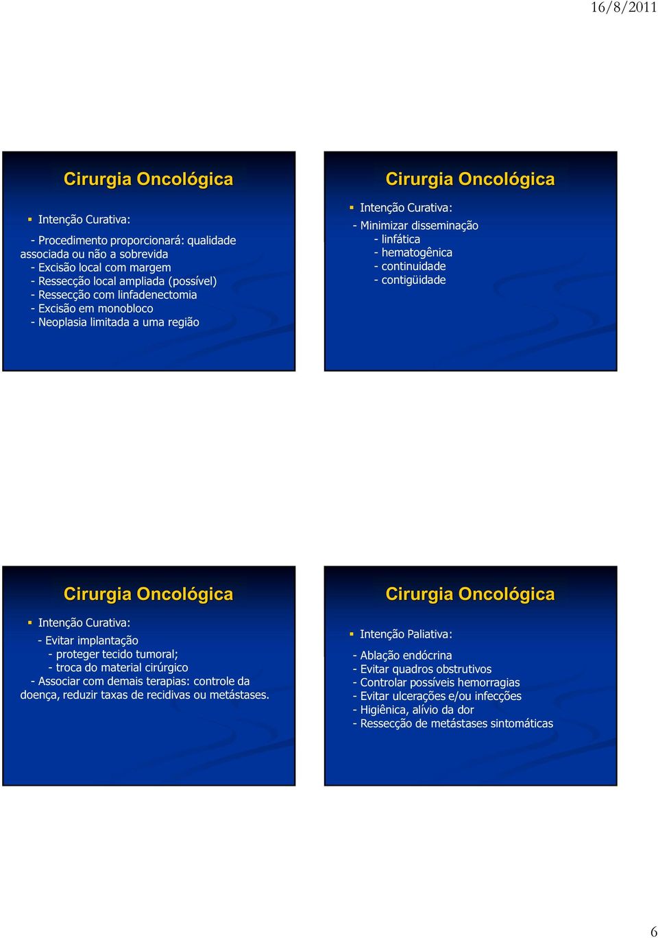 Cirurgia Oncológica Intenção Curativa: - Evitar implantação - proteger tecido tumoral; - troca do material cirúrgico - Associar com demais terapias: controle da doença, reduzir taxas de recidivas ou